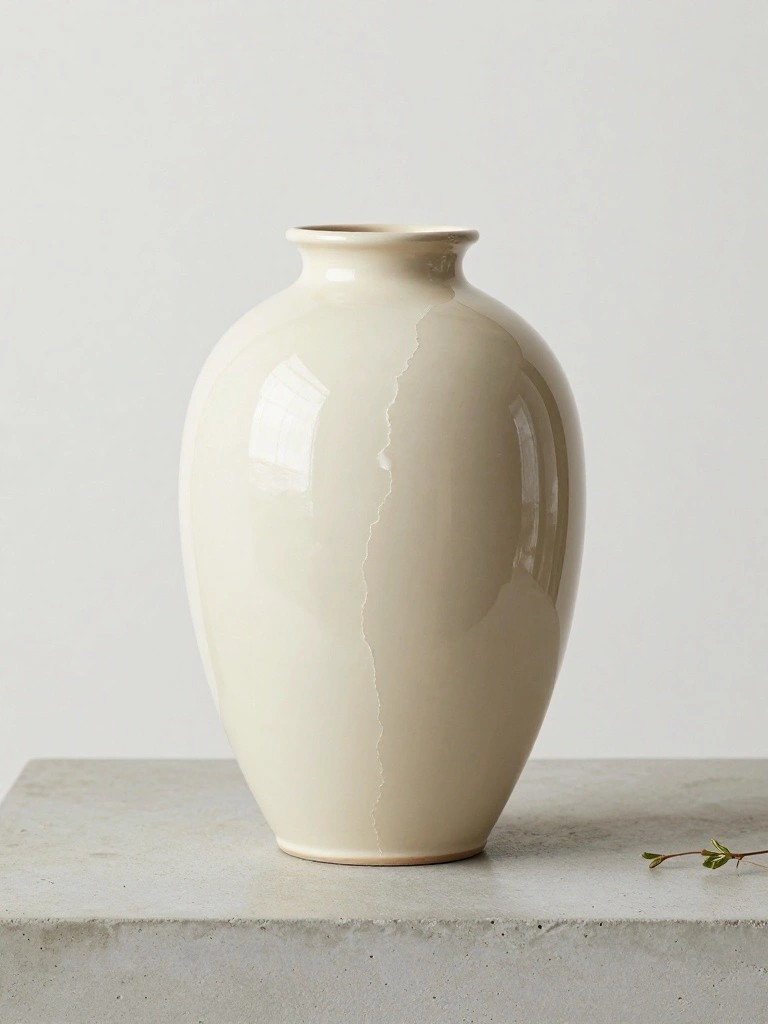 Creamy white glazed ceramic vase with bulbous shape on a gray concrete surface next to a green sprig.