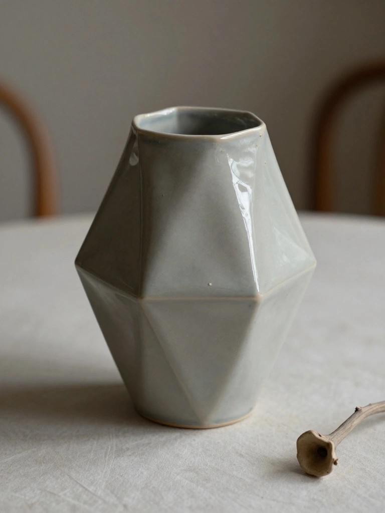 Gray faceted ceramic vase on a table with wooden chairs and a small branch nearby.