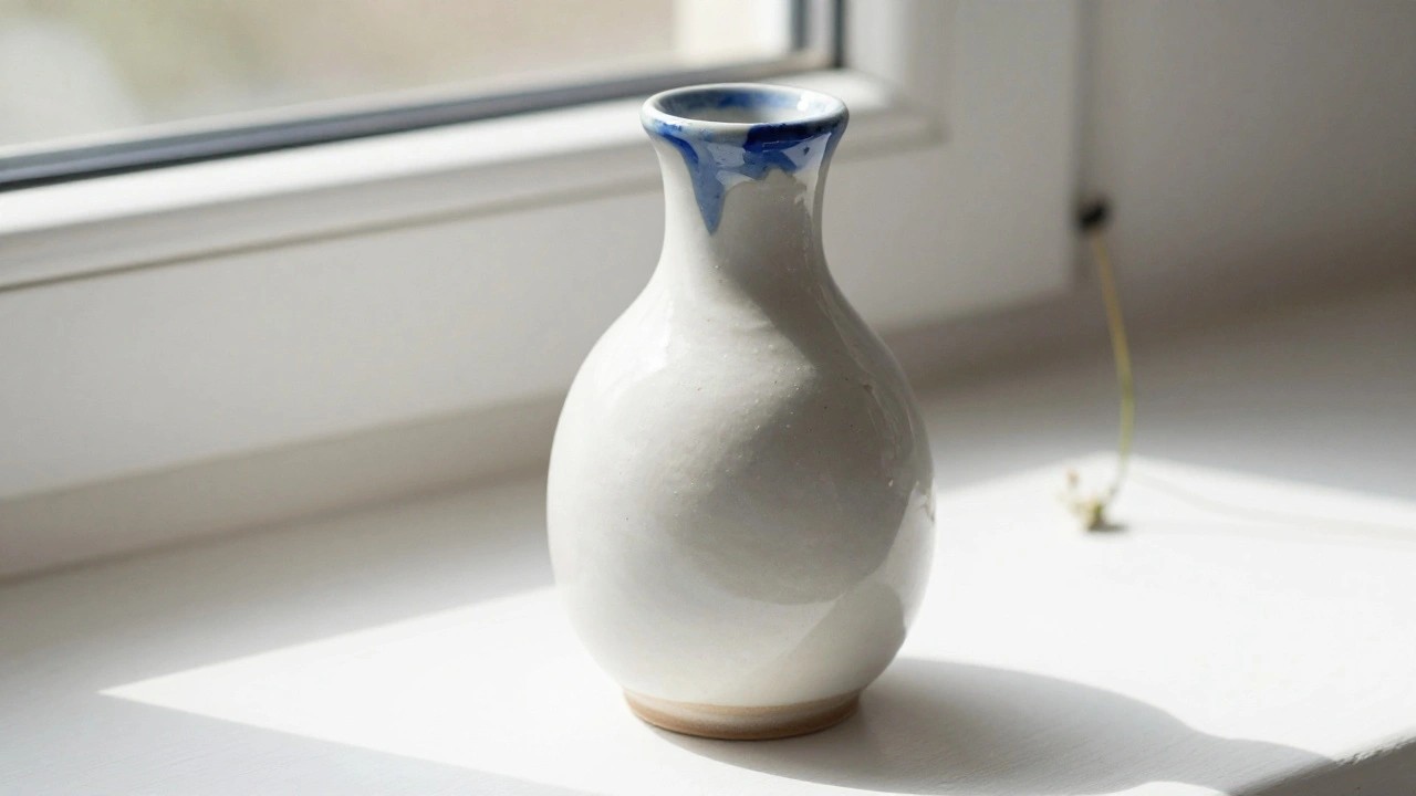 A small white ceramic vase with blue glaze drips on the neck sits on a wooden windowsill next to a single daisy flower.