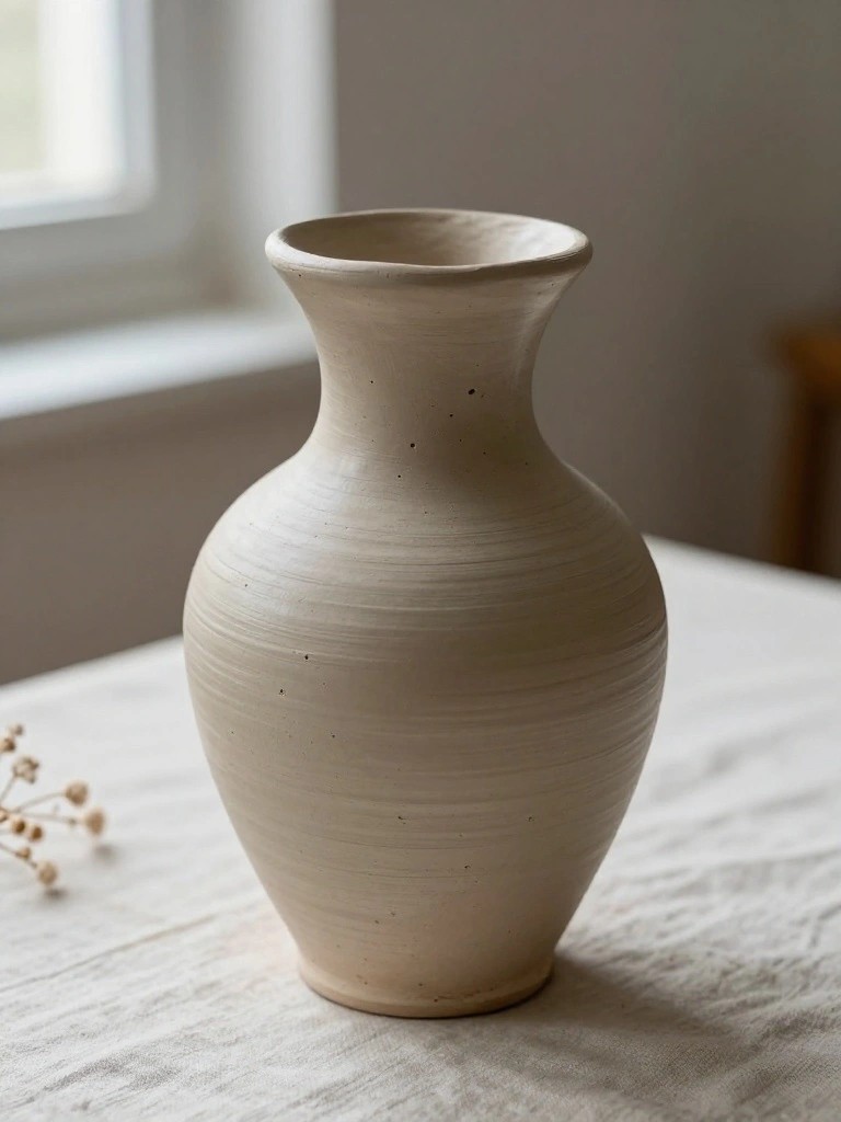 A tall handmade light beige clay vase with subtle vertical textures sits on a white table next to small white flowers and a window.