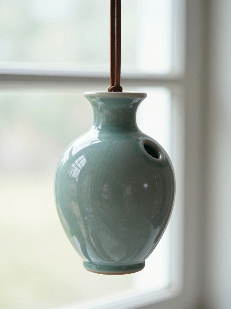 A small pear-shaped celadon-glazed ceramic vase with a spout hangs from a brown leather cord against a window.