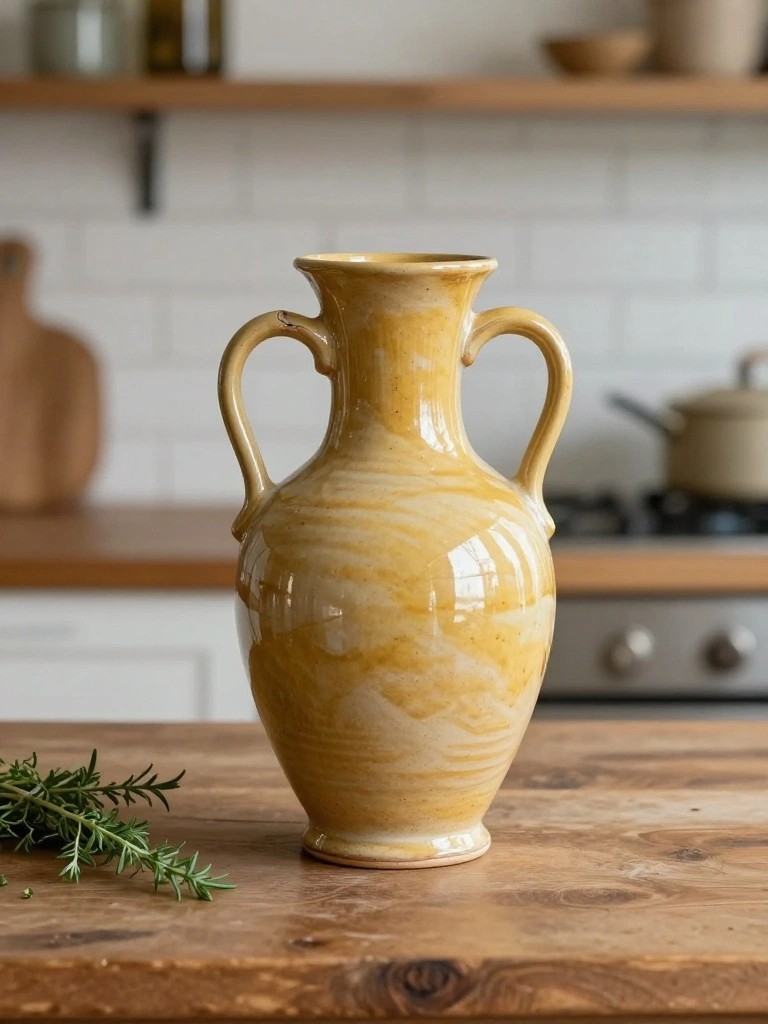 A handmade yellow ceramic vase with two handles and cloudy white streaks in the glaze sits on a wooden table next to rosemary sprigs in a kitchen setting.