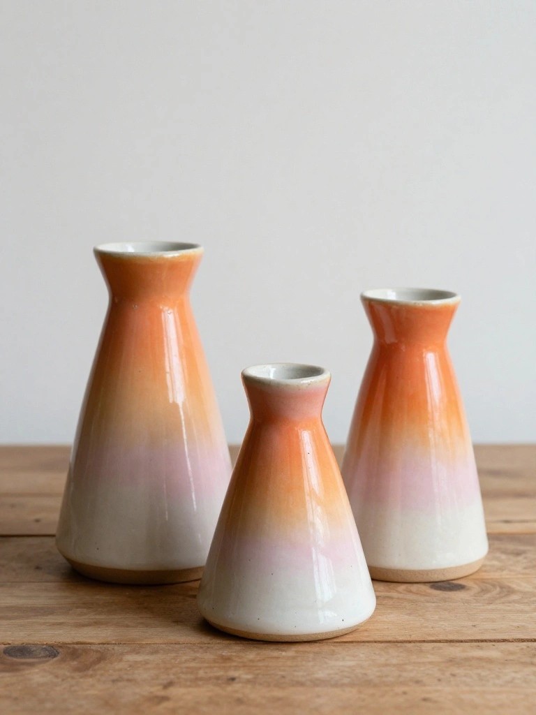 Three handmade ceramic vases in graduating sizes with white-to-orange ombré glazes on a wooden surface.