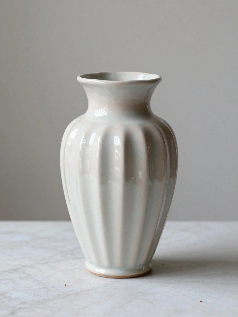 Tall off-white ceramic vase with vertical ribbing on a white marble surface against a gray background.