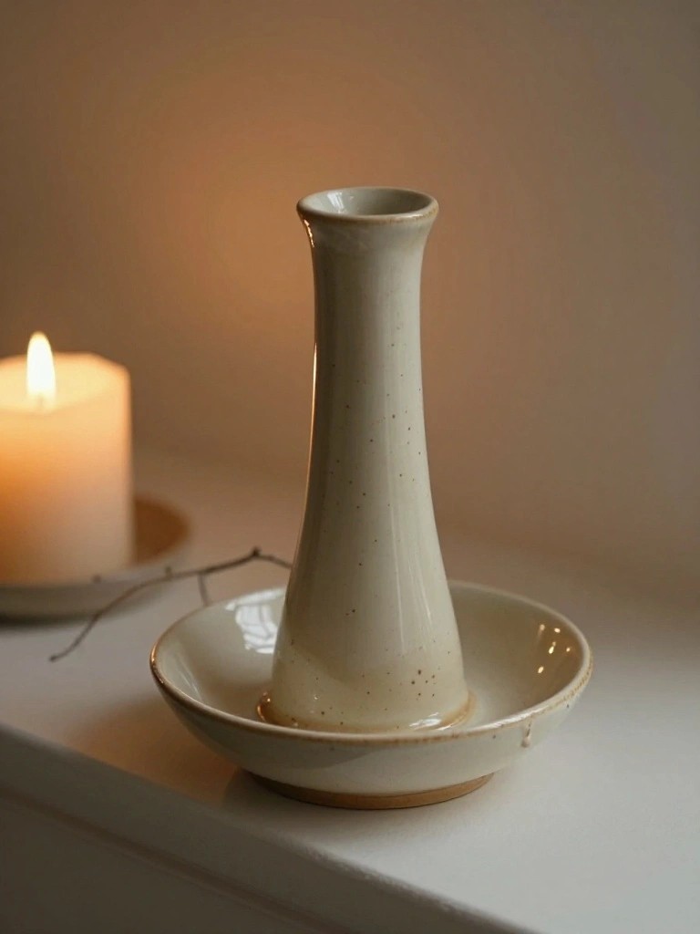 Tall slender beige ceramic vase on matching shallow saucer next to a lit white candle on a white surface.