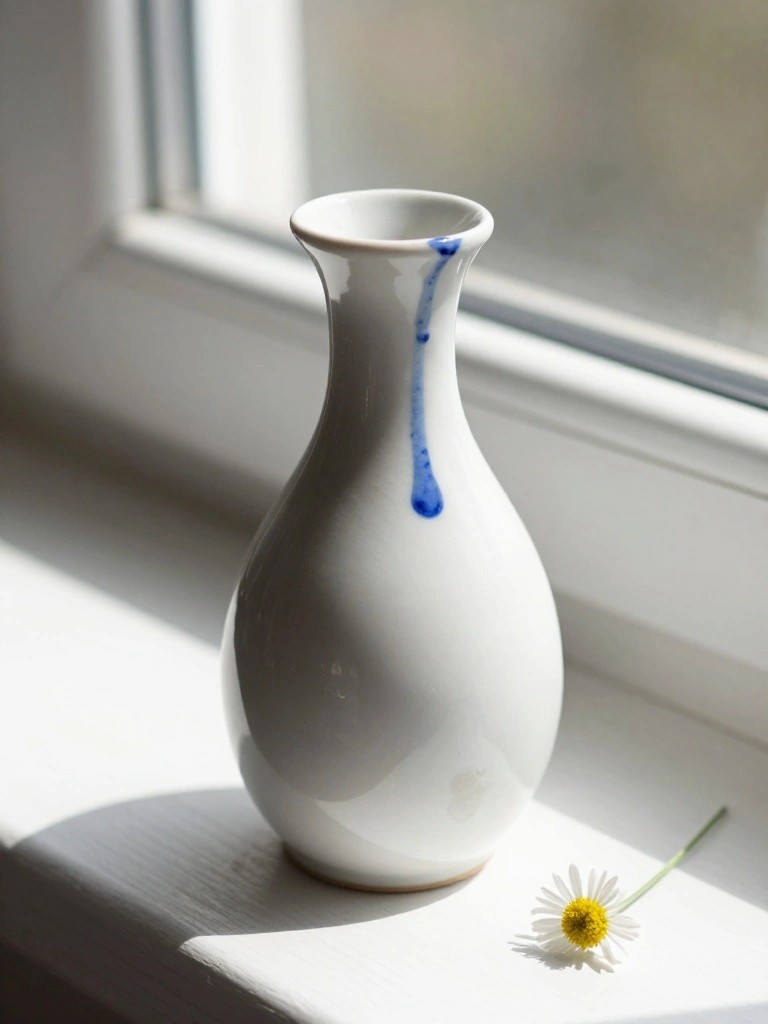 A small white ceramic vase with blue glaze drips on the neck sits on a wooden windowsill next to a single daisy flower.