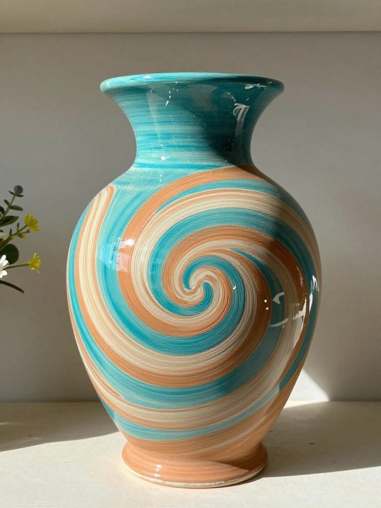 Handmade ceramic vase with glossy spiraling teal and peach glazes on a sunlit white shelf next to eucalyptus sprigs.
