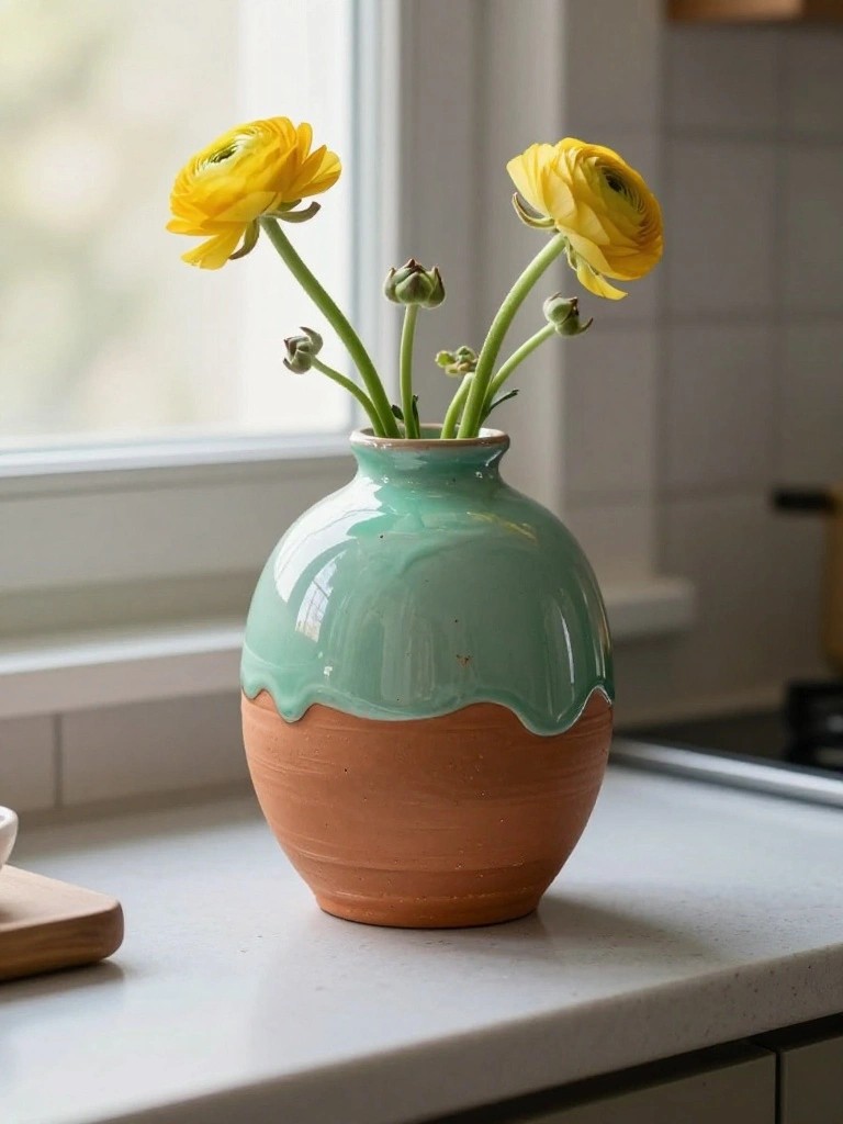 Handmade bulbous pottery vase with glossy teal upper glaze dripping over terracotta base holds yellow ranunculus flowers on a white kitchen countertop.