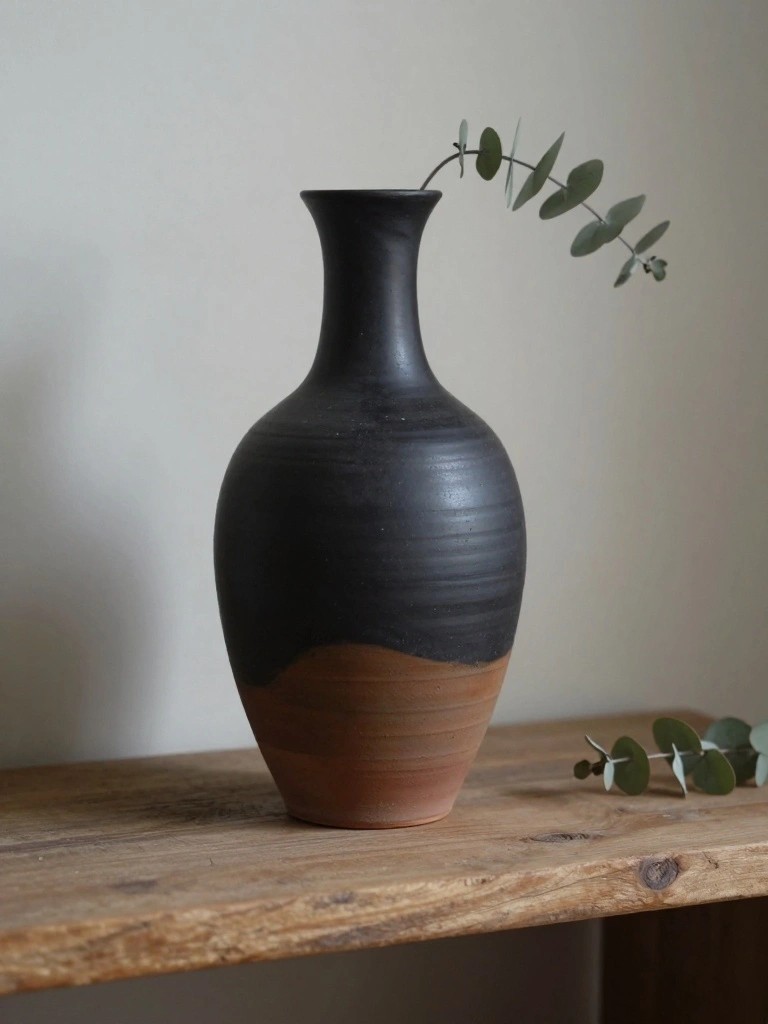 Black upper half transitioning to brown lower half handmade pottery vase with subtle ridges and eucalyptus sprig inside on a wooden surface.