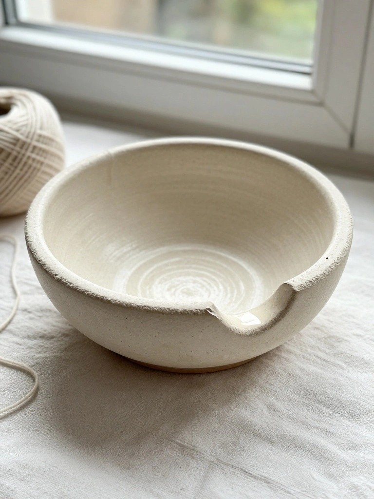 A creamy white handmade ceramic bowl with a sculpted pouring spout on the rim and spiral texture inside sits on a white surface next to yarn balls.