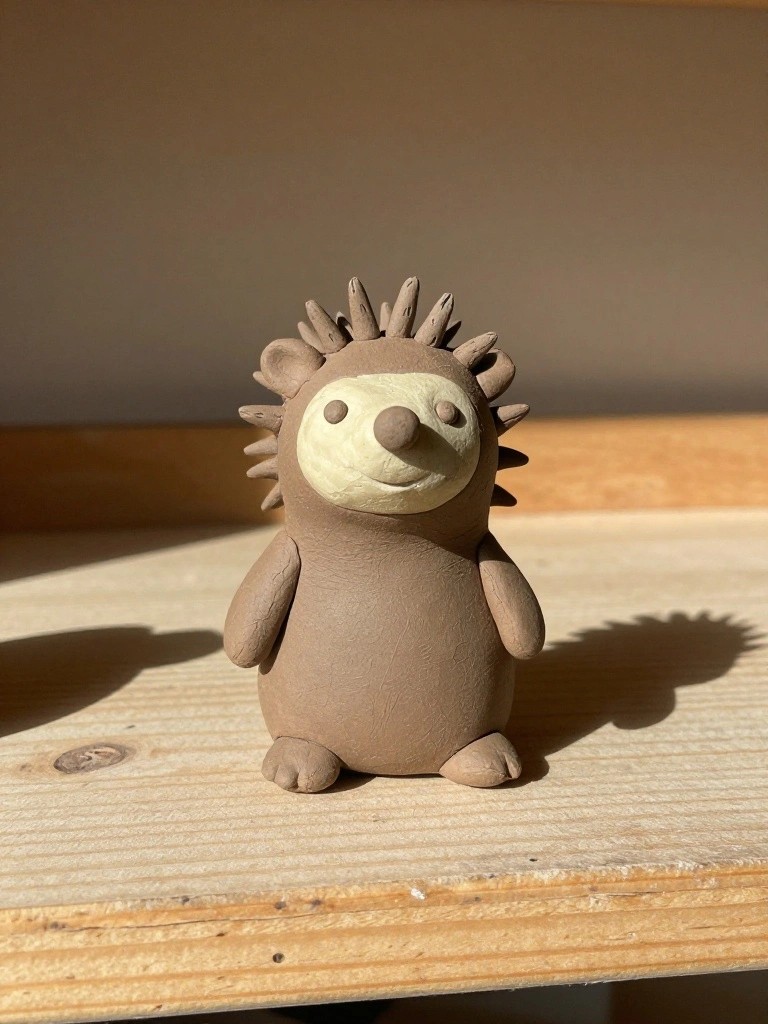 A small handmade brown clay hedgehog figurine with pale face, black eyes, pink nose, and clay spikes stands on short legs on a wooden surface.