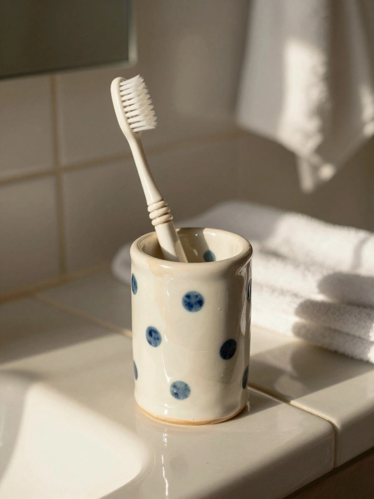 A creamy white ceramic toothbrush holder with blue polka dots stands on a bathroom counter holding a white toothbrush.
