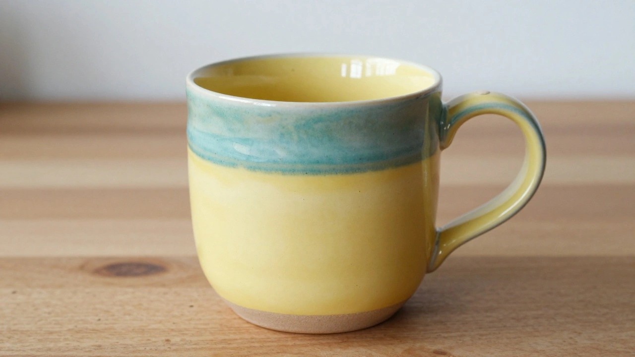 A handmade yellow ceramic mug with a turquoise-to-green gradient glaze on the rim and handle sits on a wooden table.