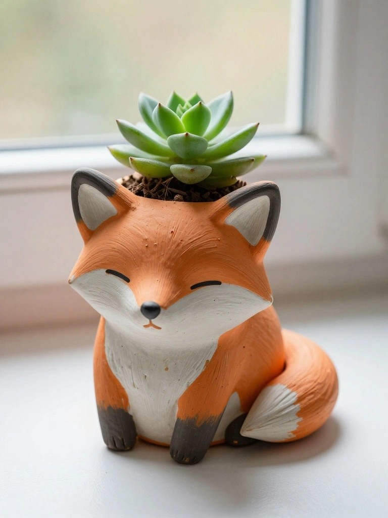 A small orange ceramic fox figurine planter with a succulent planted in its back sits on a white surface next to a window.