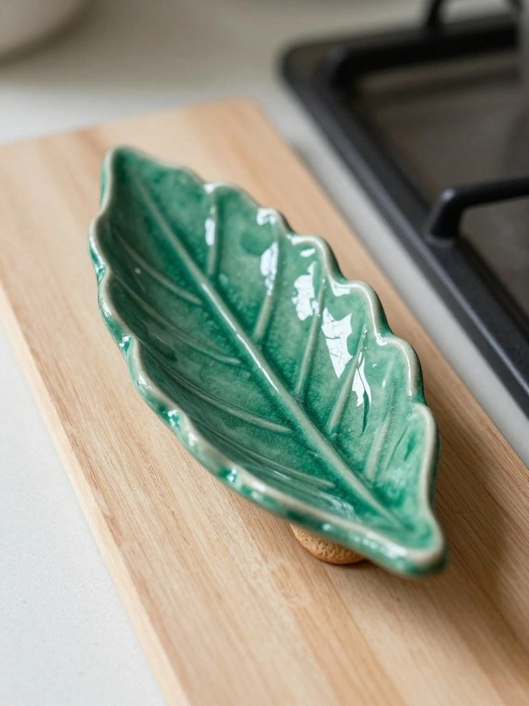 Green leaf-shaped ceramic dish with glossy glaze on a wooden cutting board next to a stovetop.