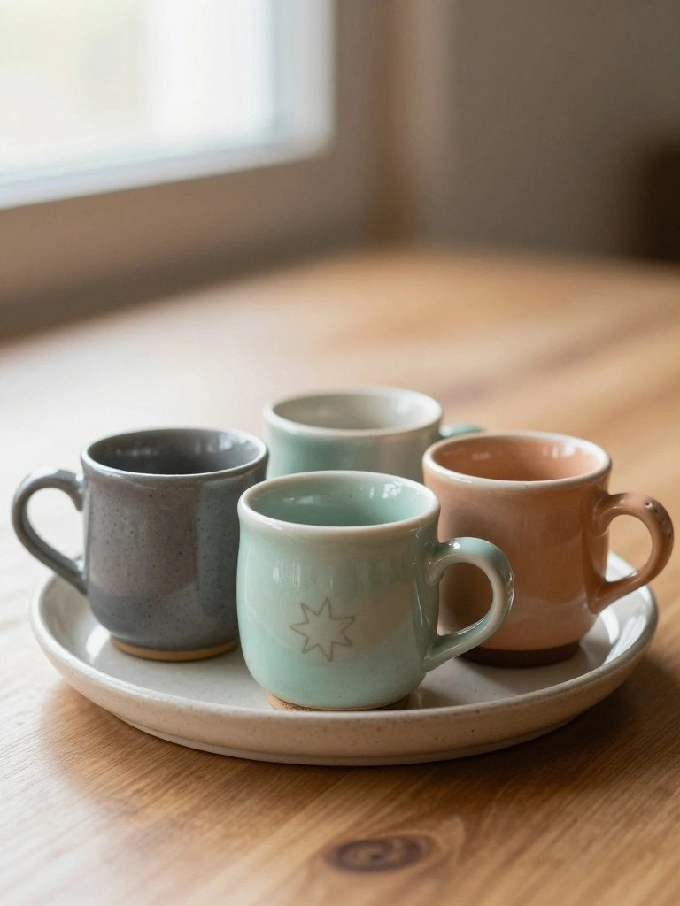 Four small handmade ceramic mugs in gray, mint with star motif, cream, and peach colors sit on a white plate atop a wooden table.