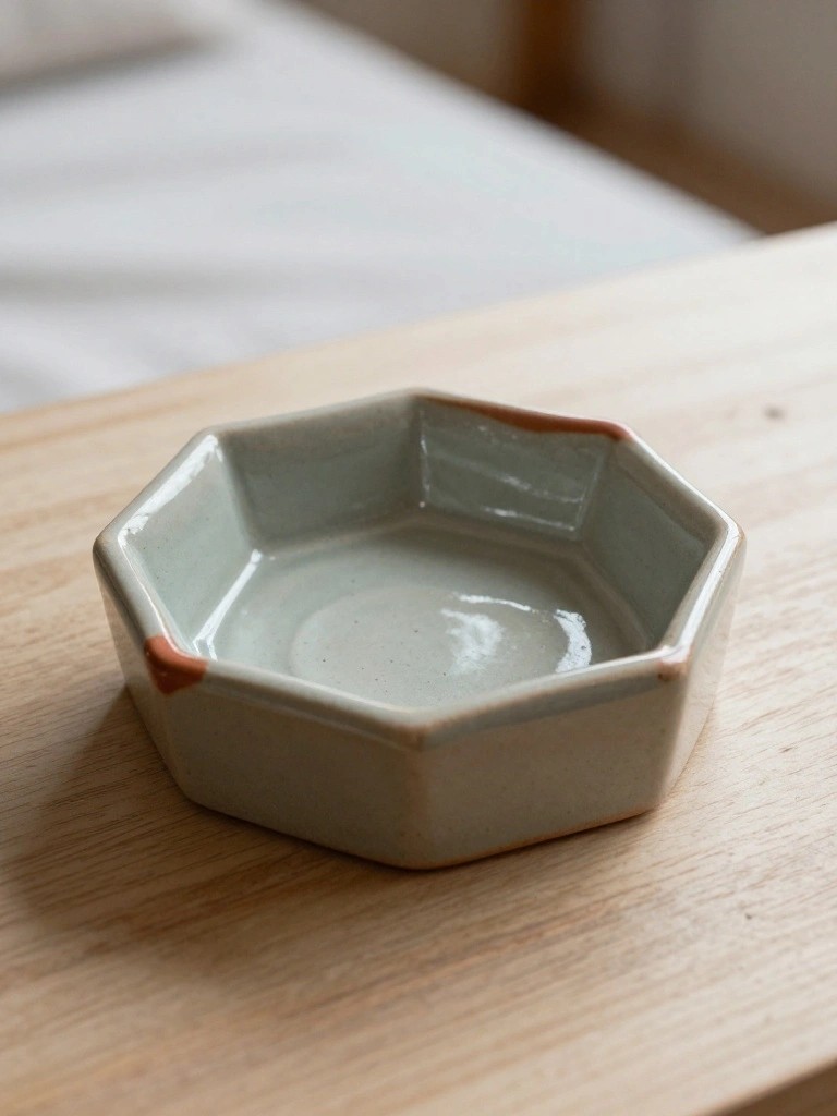 A small shallow octagonal ceramic dish with pale green glaze and reddish rim accents sits on a wooden table.