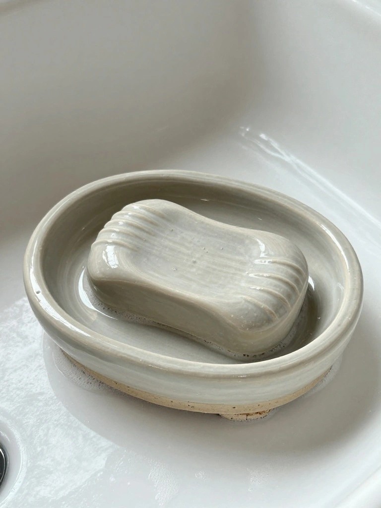 Oval light beige ceramic soap dish holding a rectangular ridged bar of soap in a white sink.