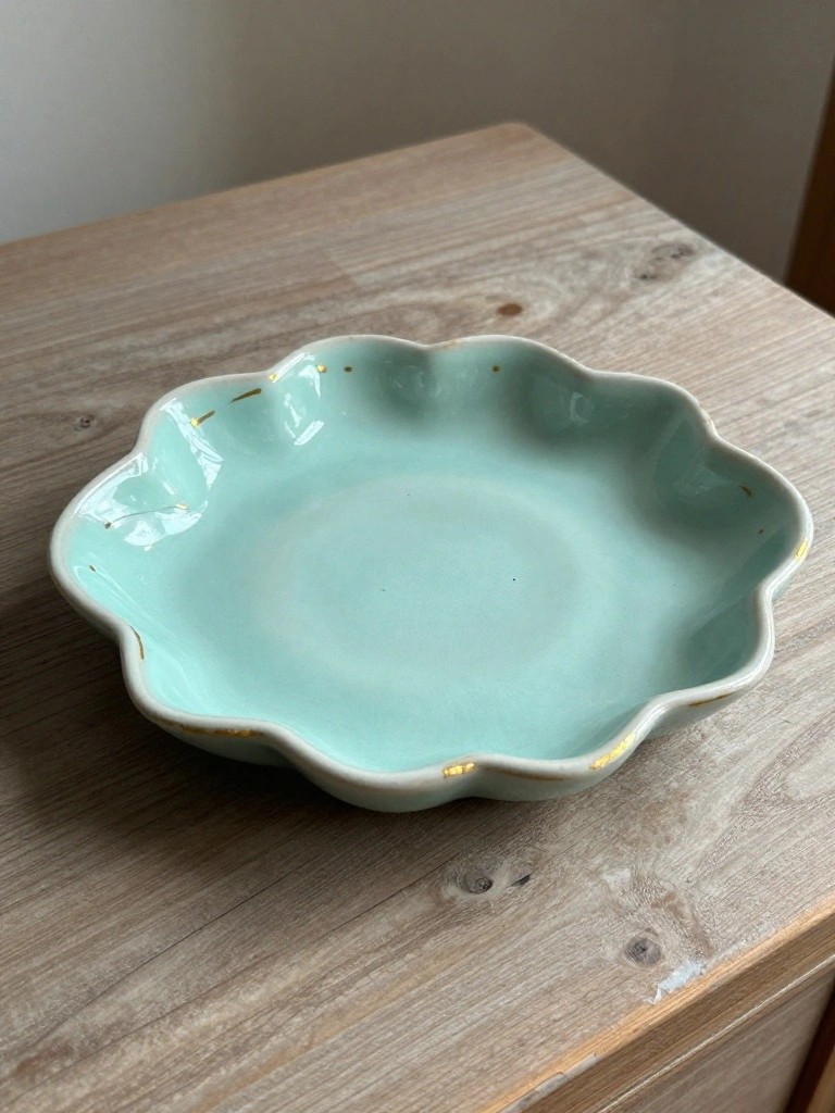 A small pale green ceramic dish with scalloped edges and gold trim sits on a wooden surface.
