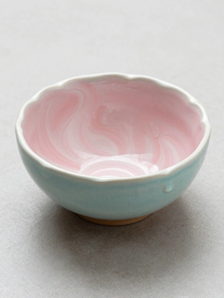 Small handmade ceramic bowl with teal exterior, pink and white swirled interior glaze, and scalloped edges on a white surface.