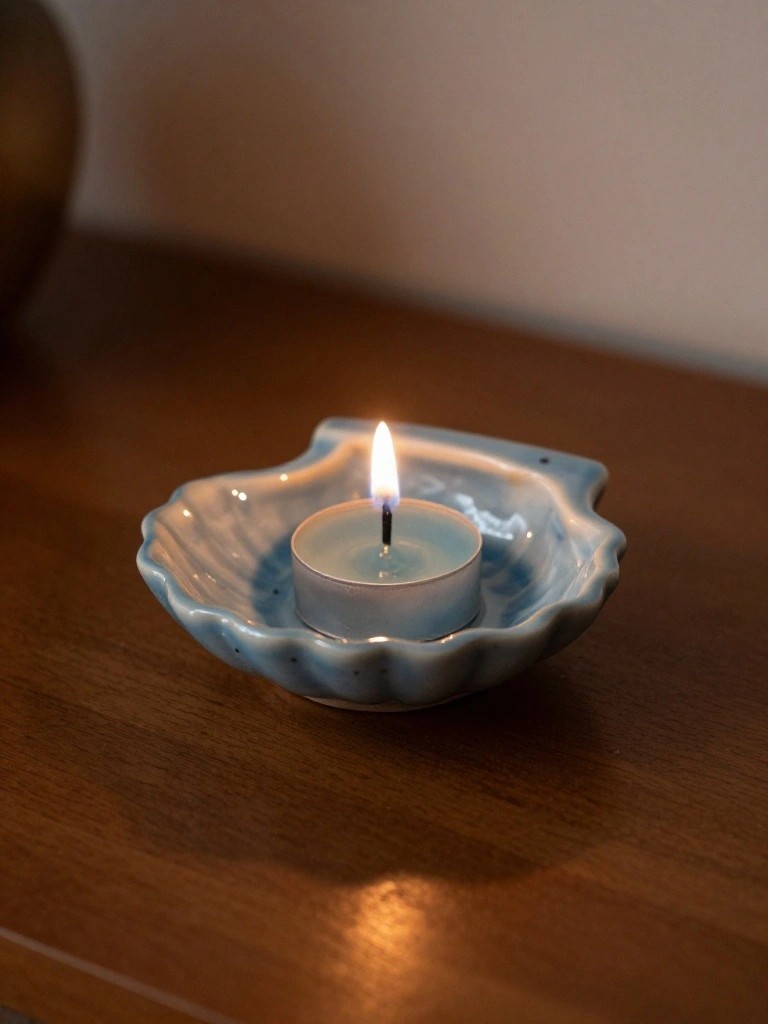 A lit tealight candle burns inside a small blue glazed ceramic seashell-shaped holder on a wooden surface.