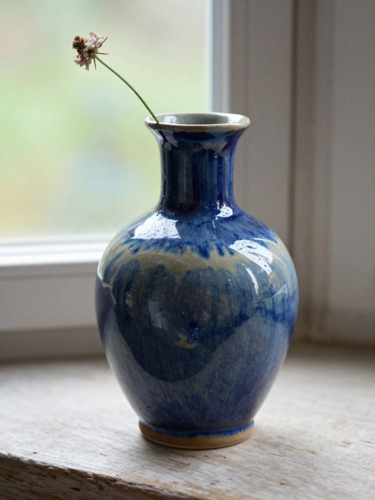 A handmade blue-glazed ceramic baluster vase holding one dried flower stem on a wooden windowsill.