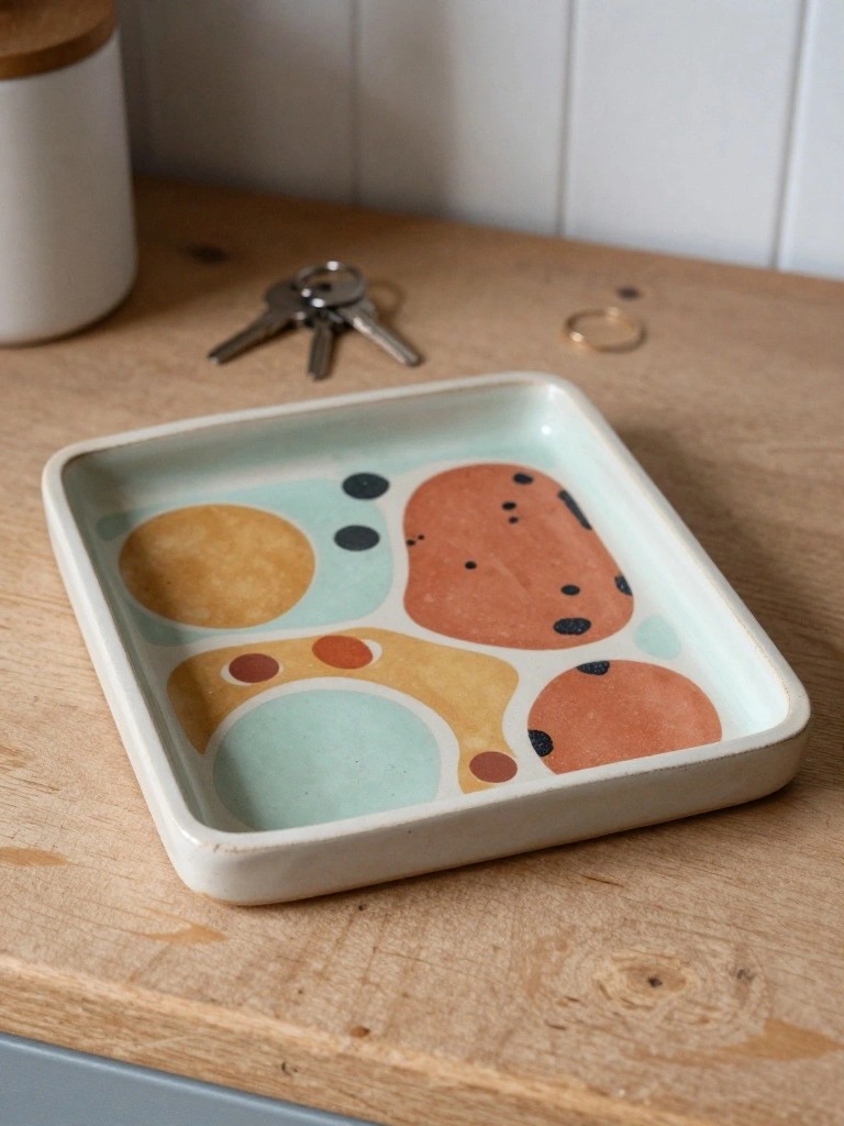 Square white ceramic tray with abstract painted organic shapes in teal, orange, yellow, and black dots, holding keys and a gold ring on a wooden surface next to glass jars.