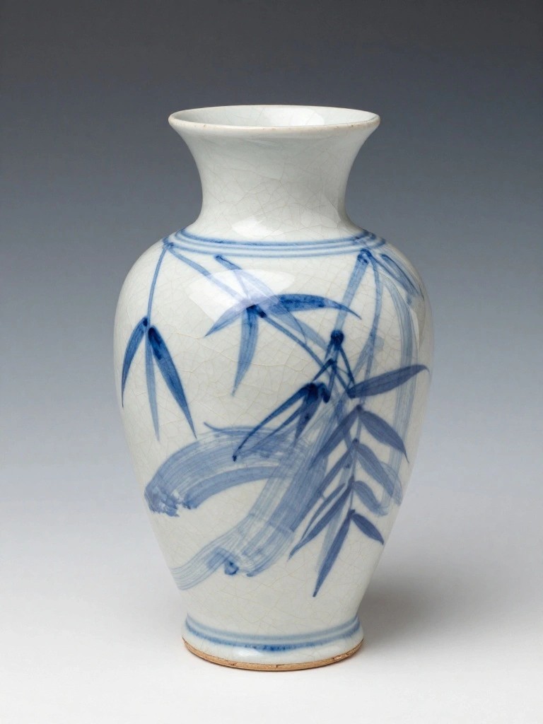 A white ceramic vase with blue painted bamboo leaves and stems, flared shape on a dark background.