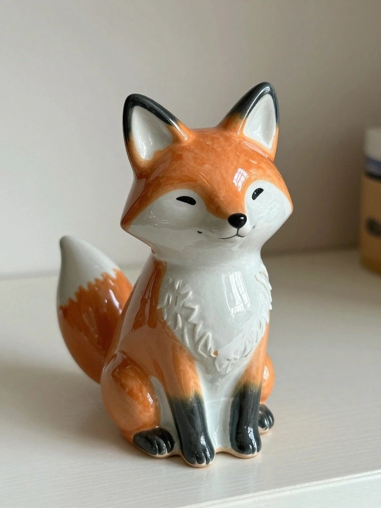 A small glossy ceramic fox figurine in orange with white and black details sits on a white shelf next to a bottle.