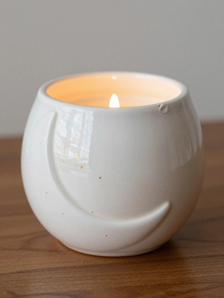 A white spherical ceramic candle holder with a sculpted crescent moon on the side contains a lit candle on a wooden surface.