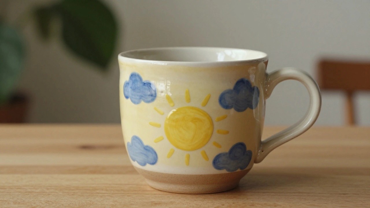 Blue handmade ceramic mug with a yellow painted sun and white clouds on one side, sitting on a wooden table.