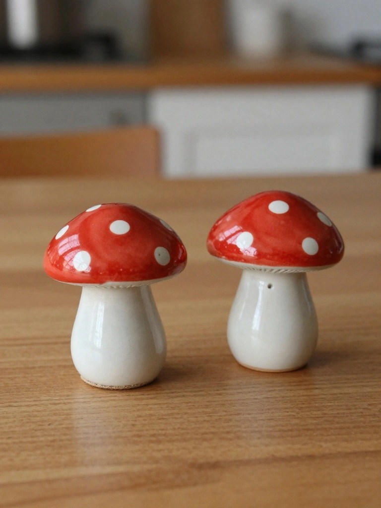 Two glossy red mushroom-shaped ceramic salt and pepper shakers with white polka-dot caps and white stems sit on a wooden table in a kitchen.