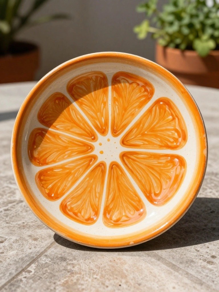 Shallow round ceramic dish painted with white base, orange segments, and orange rim on a table.
