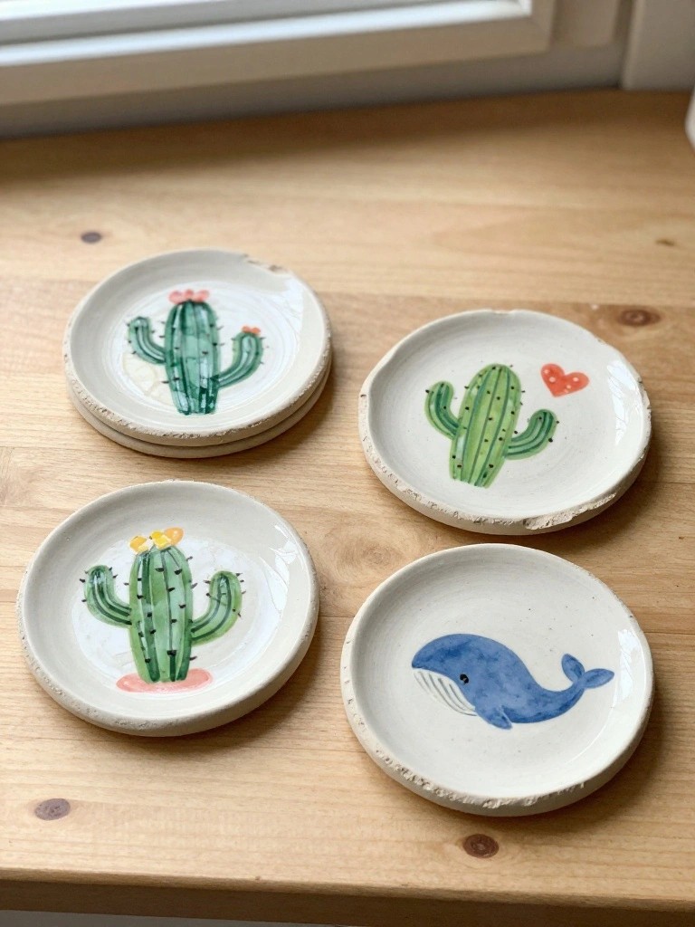 Four small round handmade ceramic dishes with painted cactus and whale designs on a wooden surface.