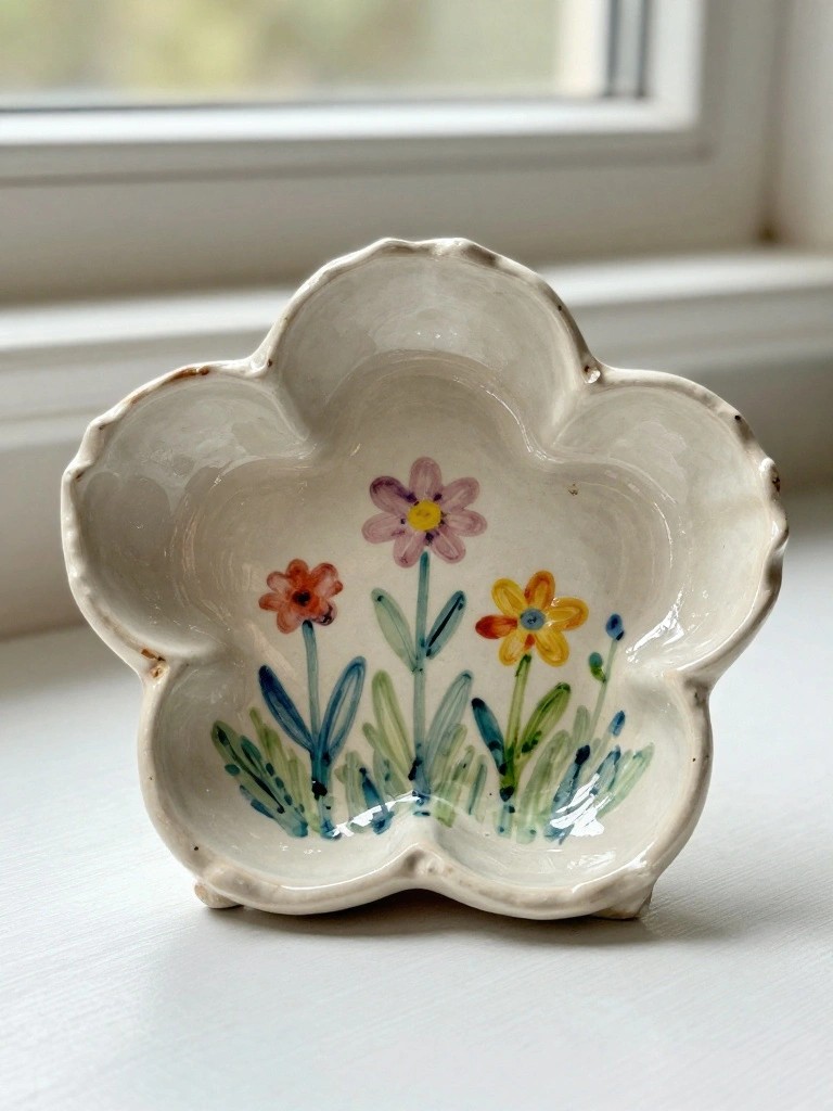 A small cream-colored ceramic dish with scalloped petal-shaped edges and hand-painted pink, orange, and yellow flowers with green stems inside, on a white surface near a window.