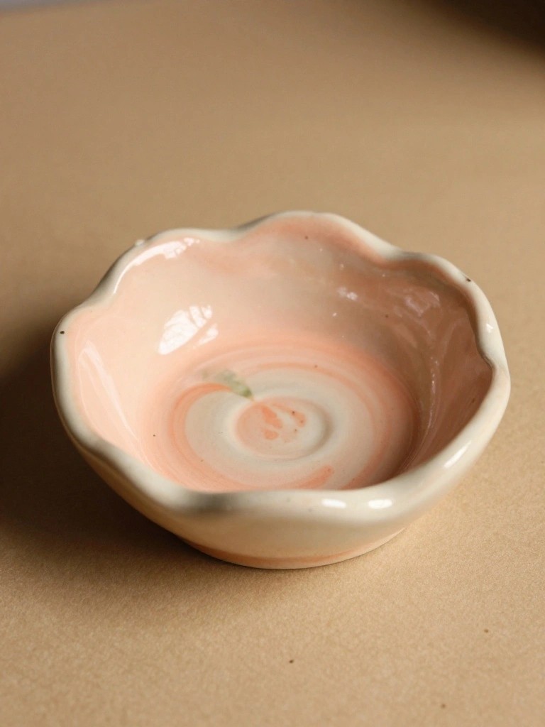 A small handmade pink ceramic bowl with ruffled scalloped edges and a subtle green swirl inside sits on a beige surface.