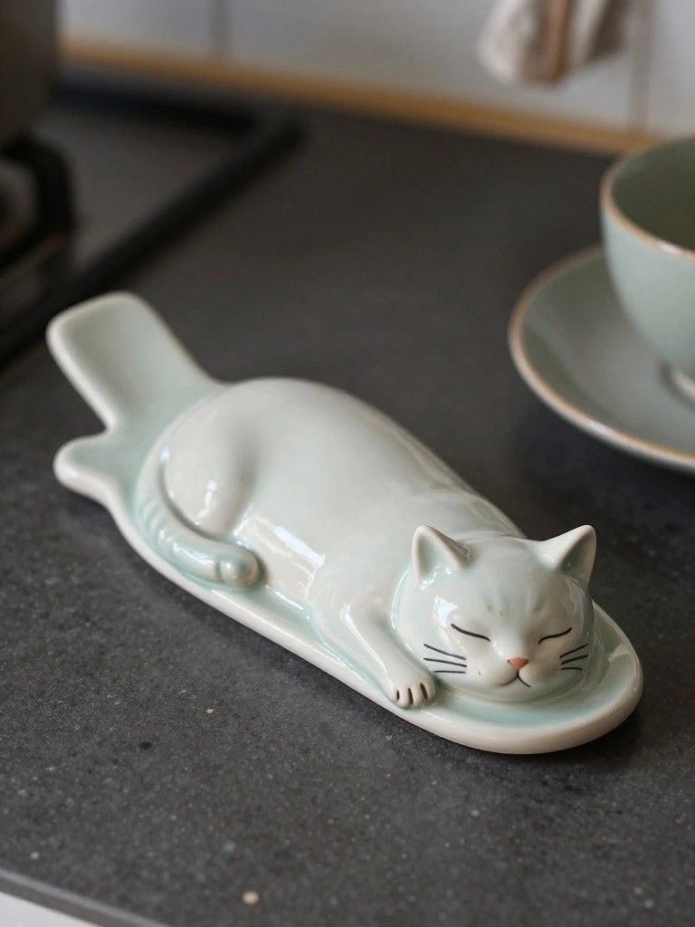 Light green ceramic butter dish sculpted as a sleeping cat with tail handle on a kitchen counter next to a cup and saucer.