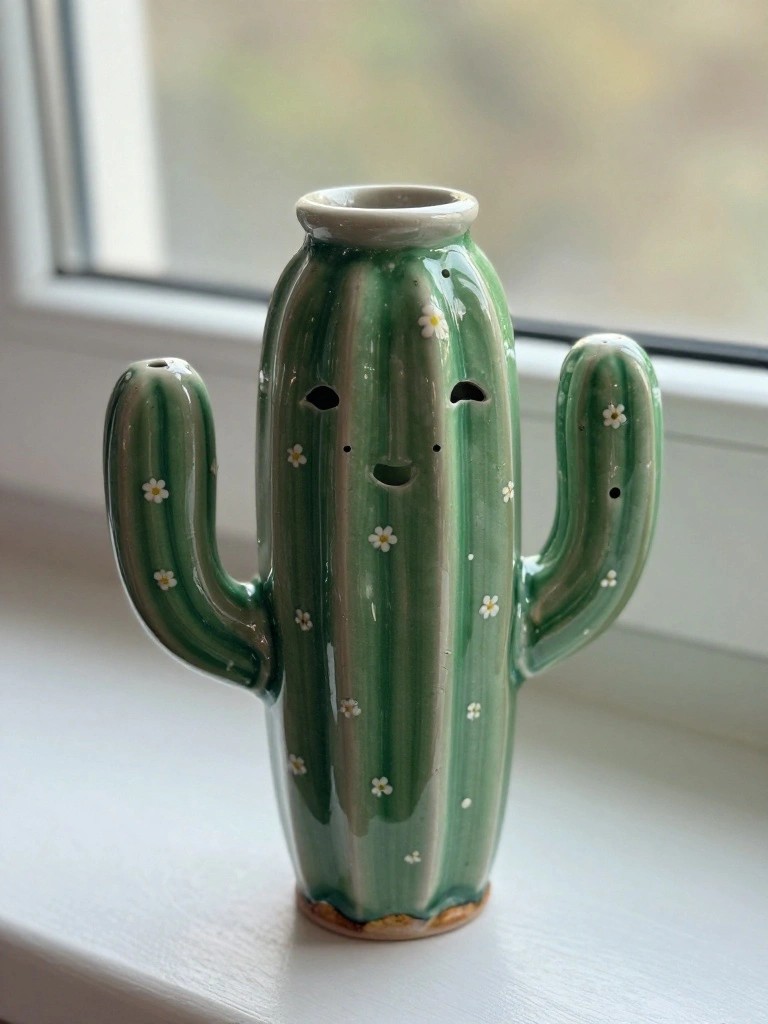 A handmade green ceramic vase shaped like a smiling cactus with arms, white daisies, and stripes sits on a windowsill near a window.