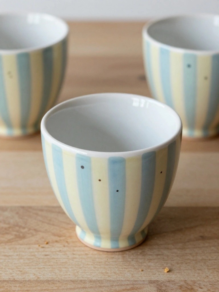 Three handmade ceramic mugs featuring cream and pale blue stripes with black dots sit on a wooden table.