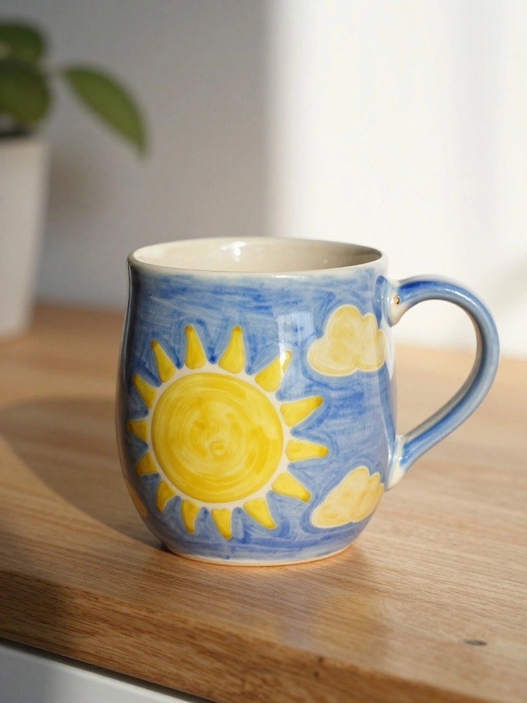 Blue handmade ceramic mug with a yellow painted sun and white clouds on one side, sitting on a wooden table.