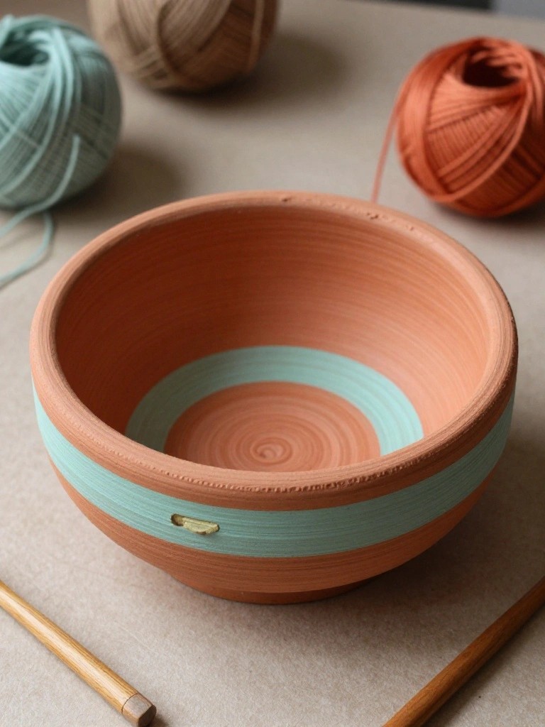 Handmade terracotta bowl with a teal painted band on the inner rim, next to yarn balls in teal, beige, and orange plus wooden paintbrushes.
