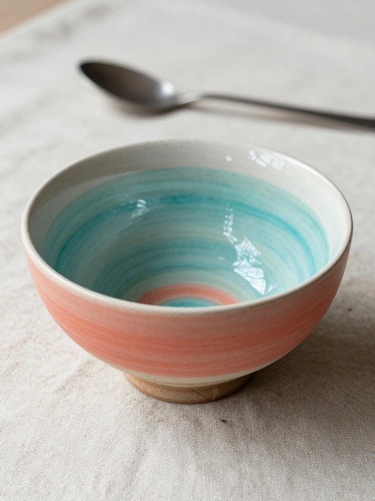 A small handmade ceramic bowl with peach exterior, teal wavy interior glaze, and wooden foot sits on a table next to a metal spoon.