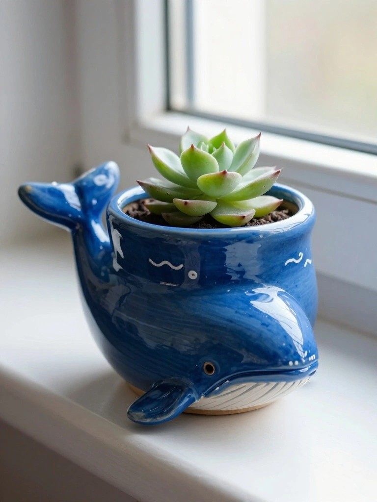 Blue ceramic whale-shaped planter with a succulent inside, placed on a white windowsill.