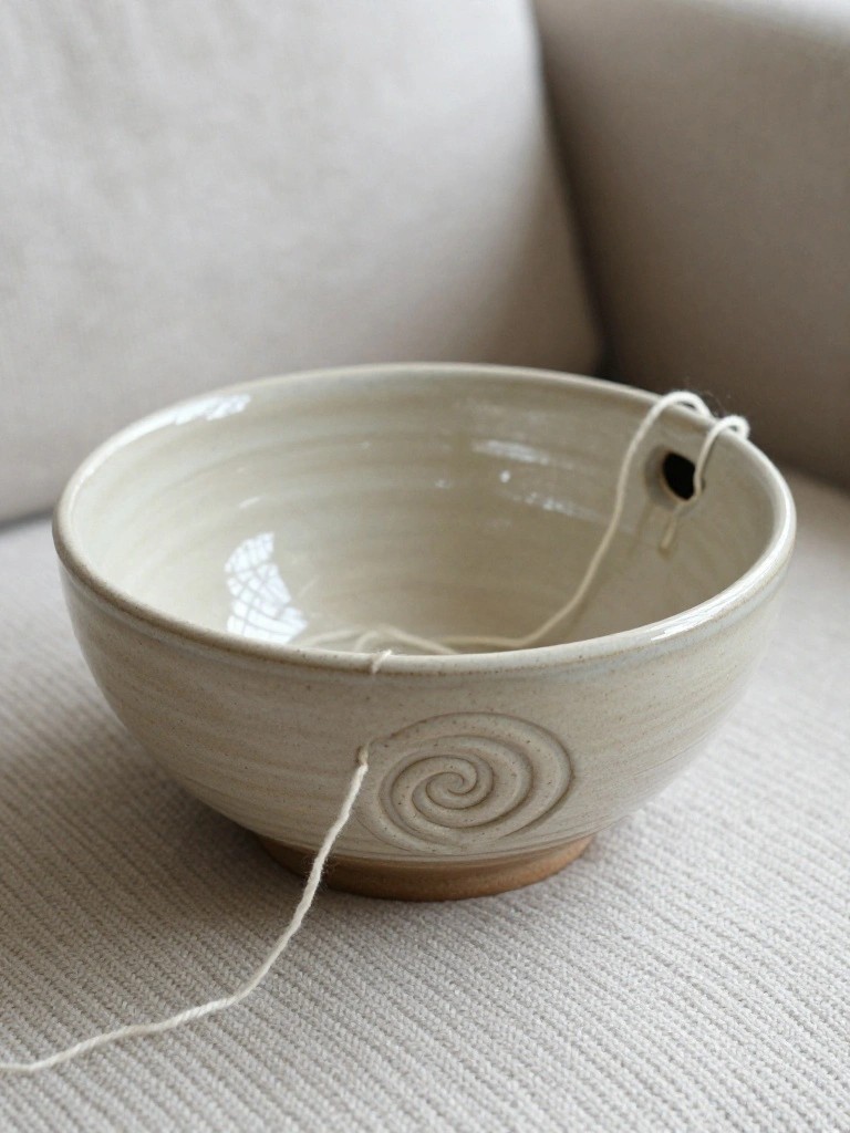 A white ceramic bowl with a spiral design on the side holds white yarn with the strand coming out of a notch, sitting on a beige couch.