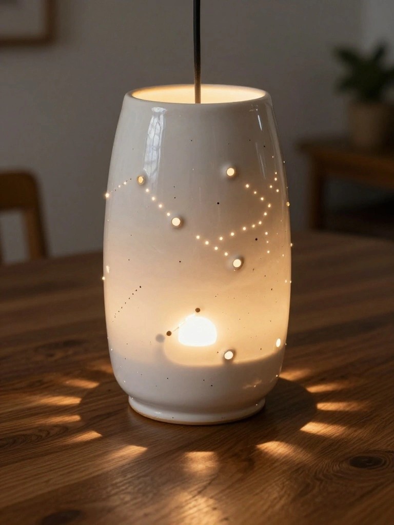 White ceramic vase-shaped pendant lamp with constellation-pattern cutouts, lit from inside on a wooden table casting starry glow.