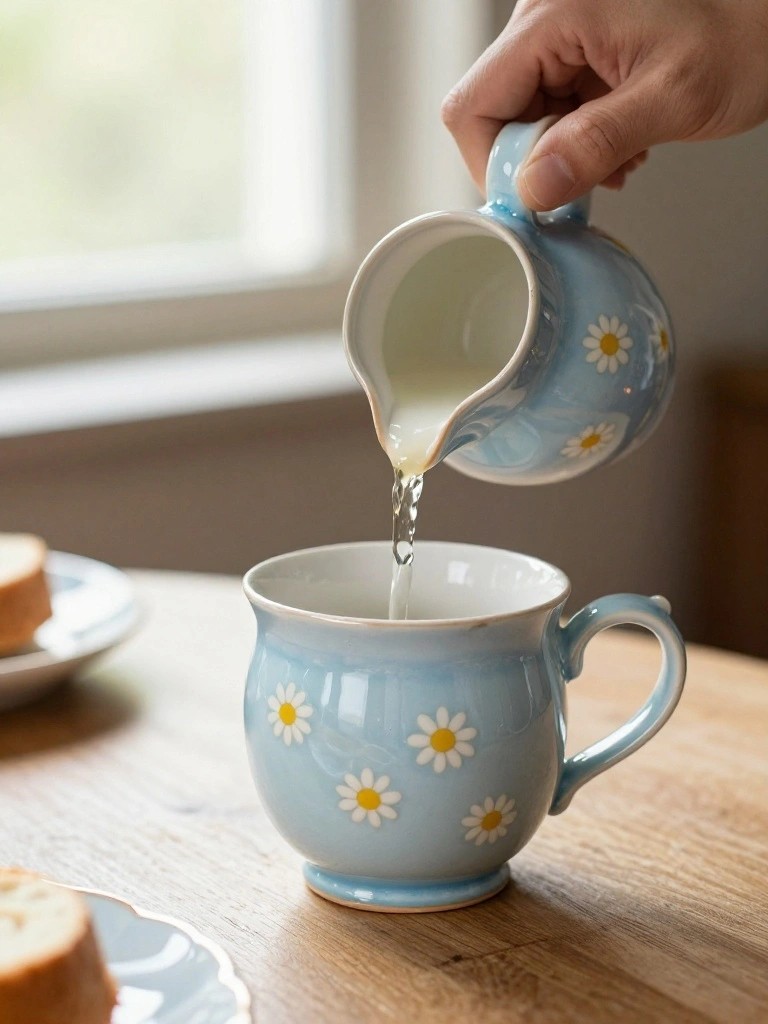 A hand pours white milk from a light blue ceramic creamer pitcher decorated with white daisies into a matching mug on a wooden table next to toast slices.