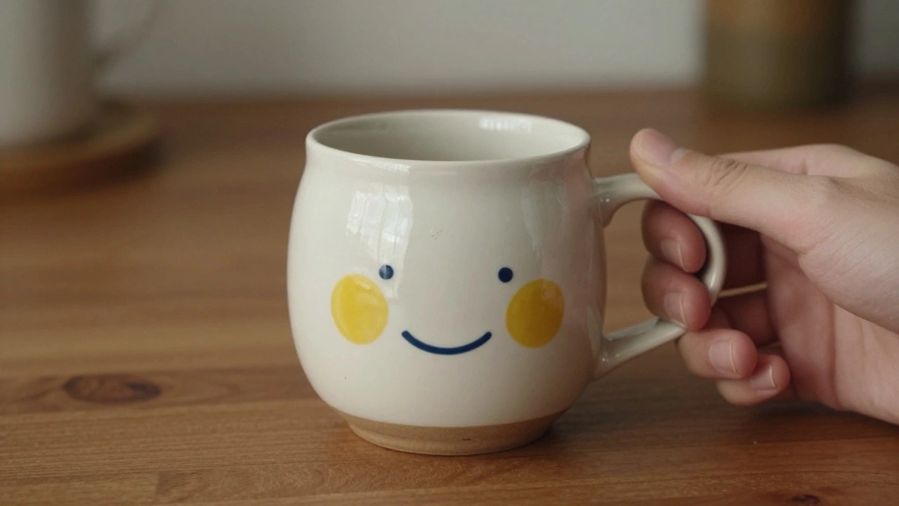 White ceramic mug with navy blue smiley face and yellow cheek circles on a wooden surface, held by a hand.
