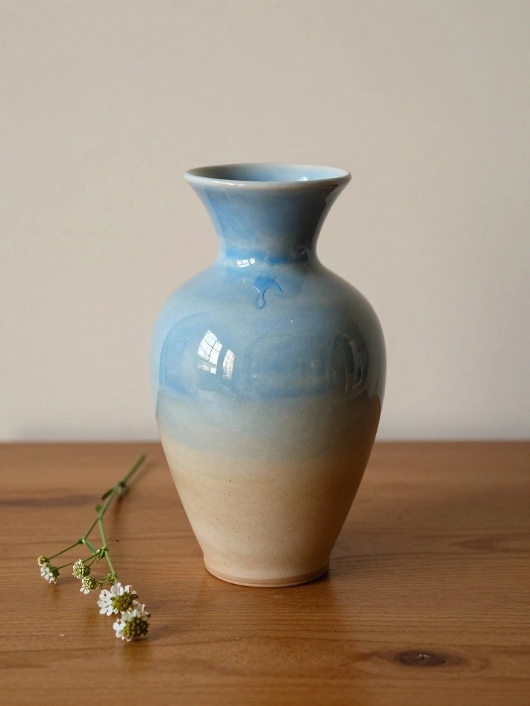 A handmade ceramic vase with blue-to-beige gradient glaze on a bulbous form sits on a wooden table beside stems of small white flowers.