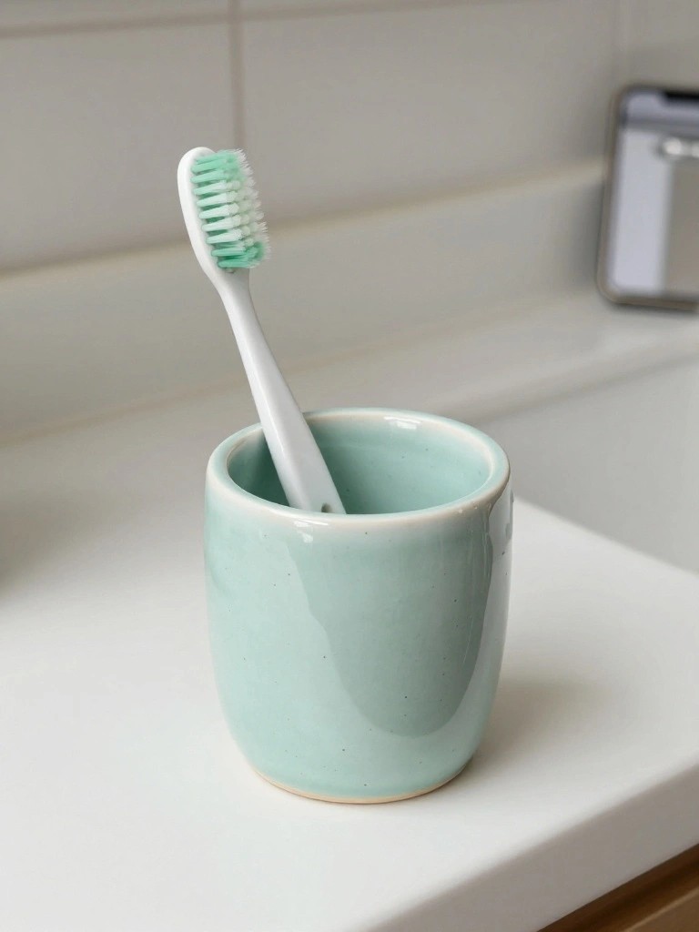 A white toothbrush with green bristles stands upright in a small light green ceramic cup on a white bathroom countertop.