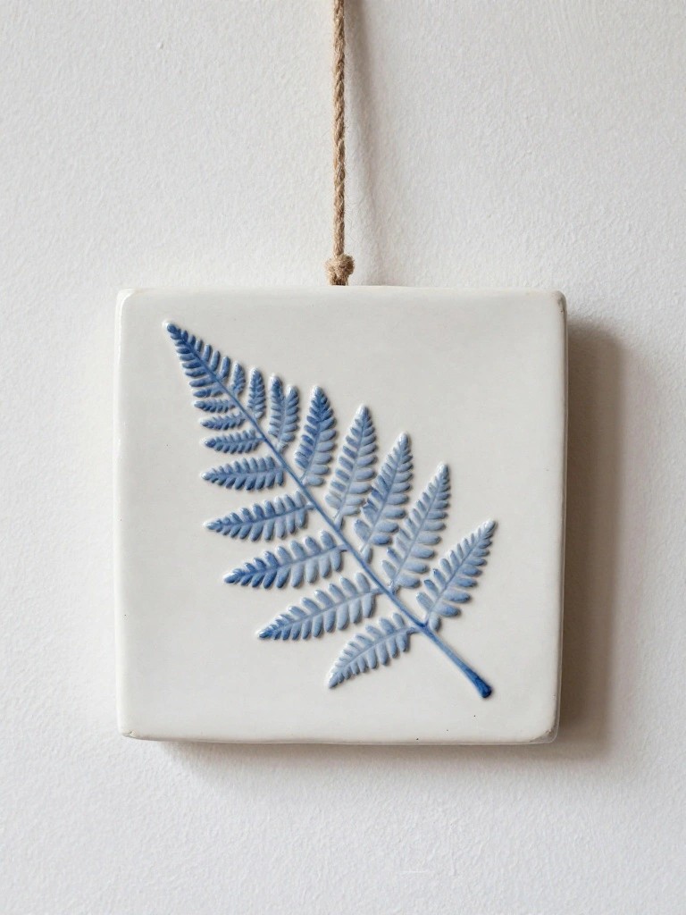 A white square ceramic plaque with a blue embossed fern leaf hangs from a jute rope against a white wall.